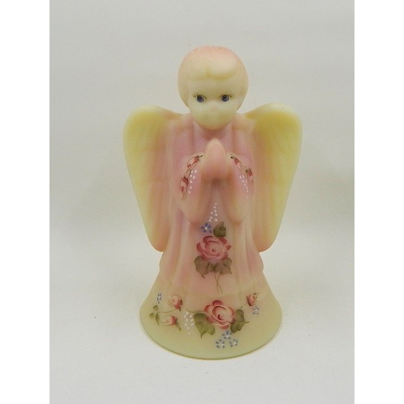 Fenton Glass Burmese Boy Angel Hand-Painted Roses Pink Yellow Signed